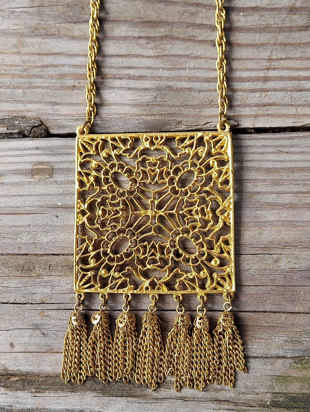 Vintage Filigree Block Pendant Tassel Necklace